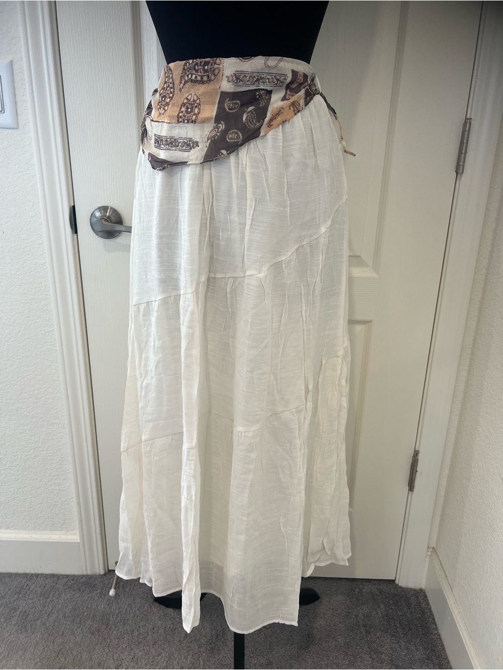 Ivory Tiered Maxi Skirt with Patterned Waistband